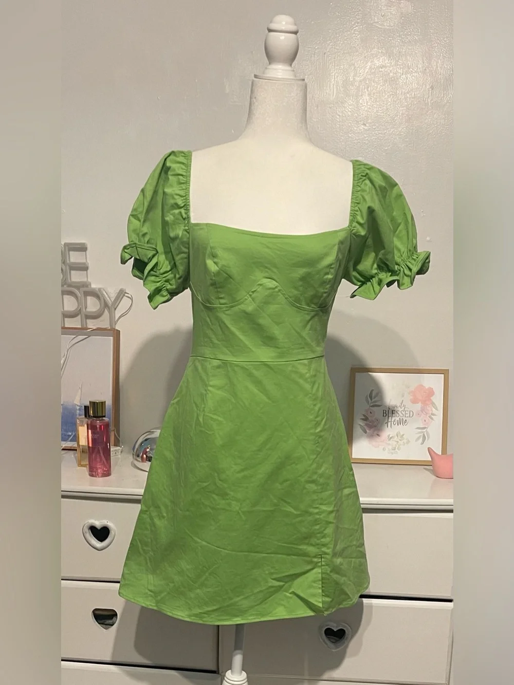 Fashion Nova Lime Green Puff Sleeve Square Neck Mini Dress size XL NWT